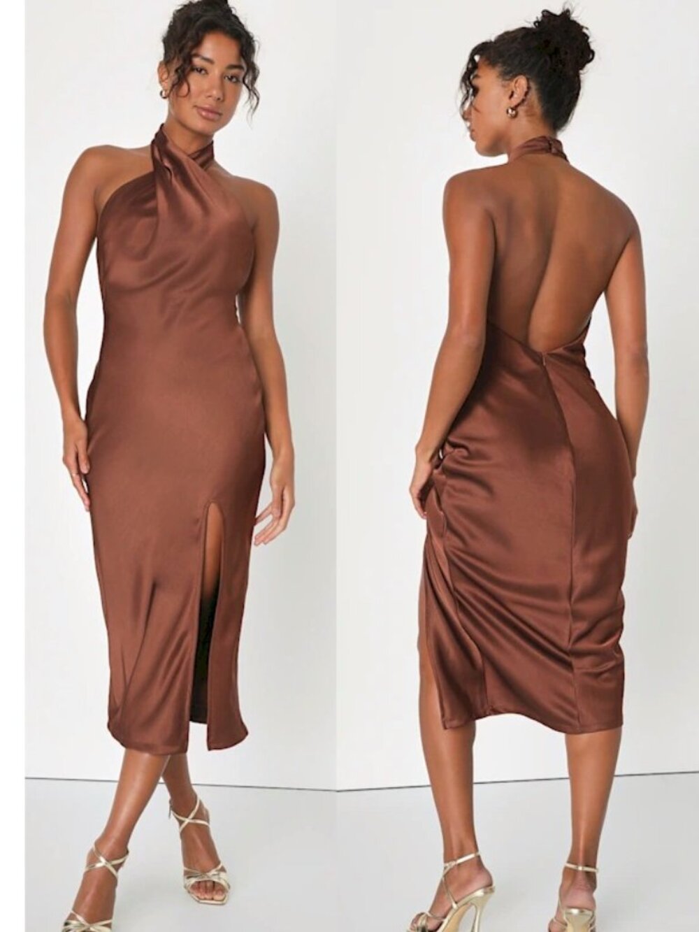 Lulus Beyond Classy Brown Satin Halter Midi Dress by Lulus Size XS NWOT
